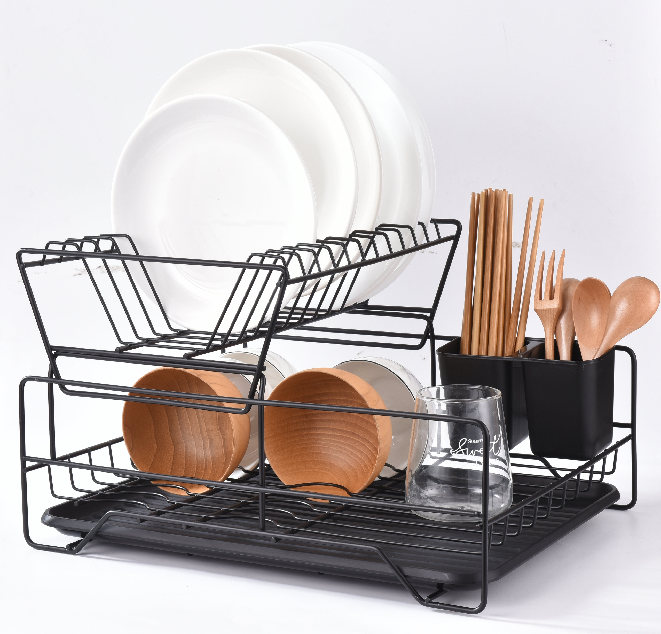 Dwupoziomowa czarna suszarka do naczyń z tacką