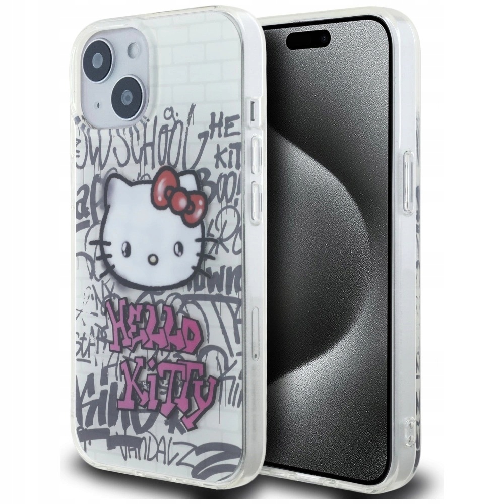 Etui Hello Kitty IML Kitty On Bricks Graffiti na iPhone 15 białe