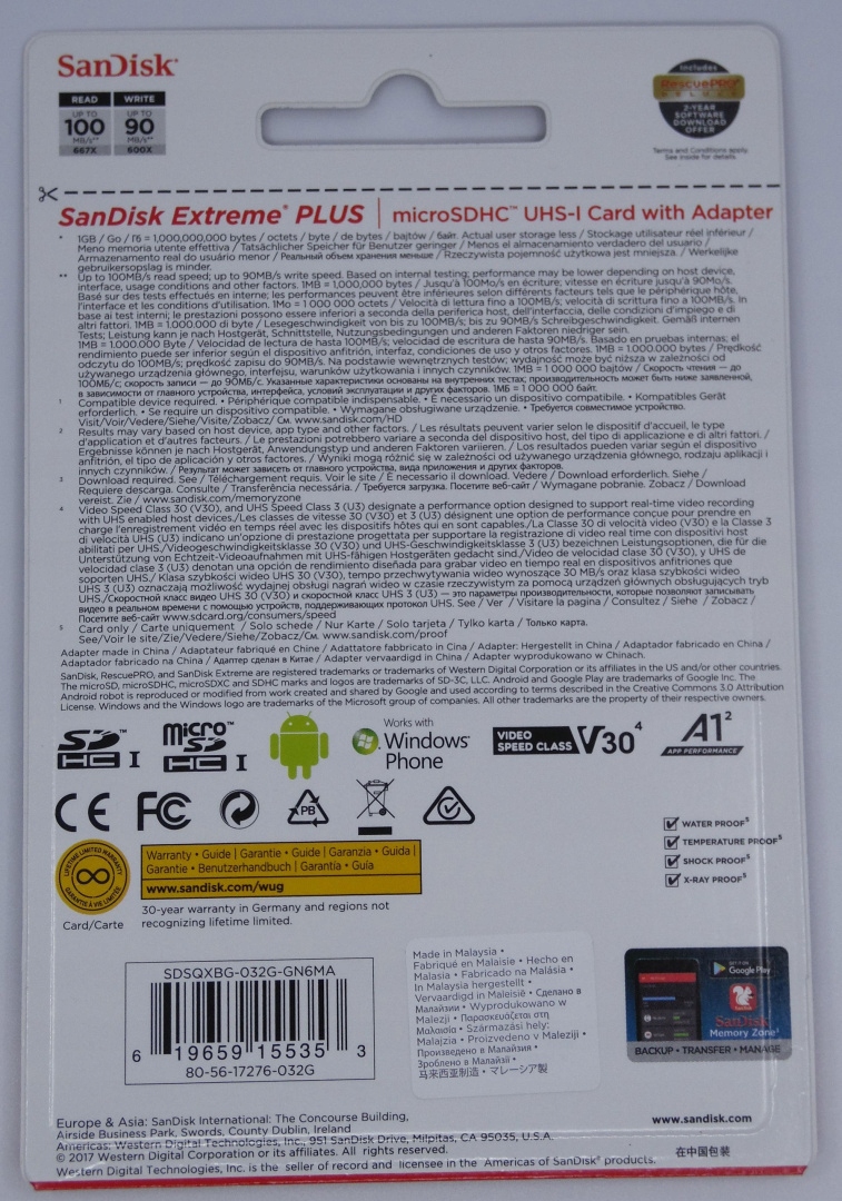 SanDisk Extreme Plus micro 32GB U3 100/90 MB/s Model SDSQXBG-032G-GN6MA