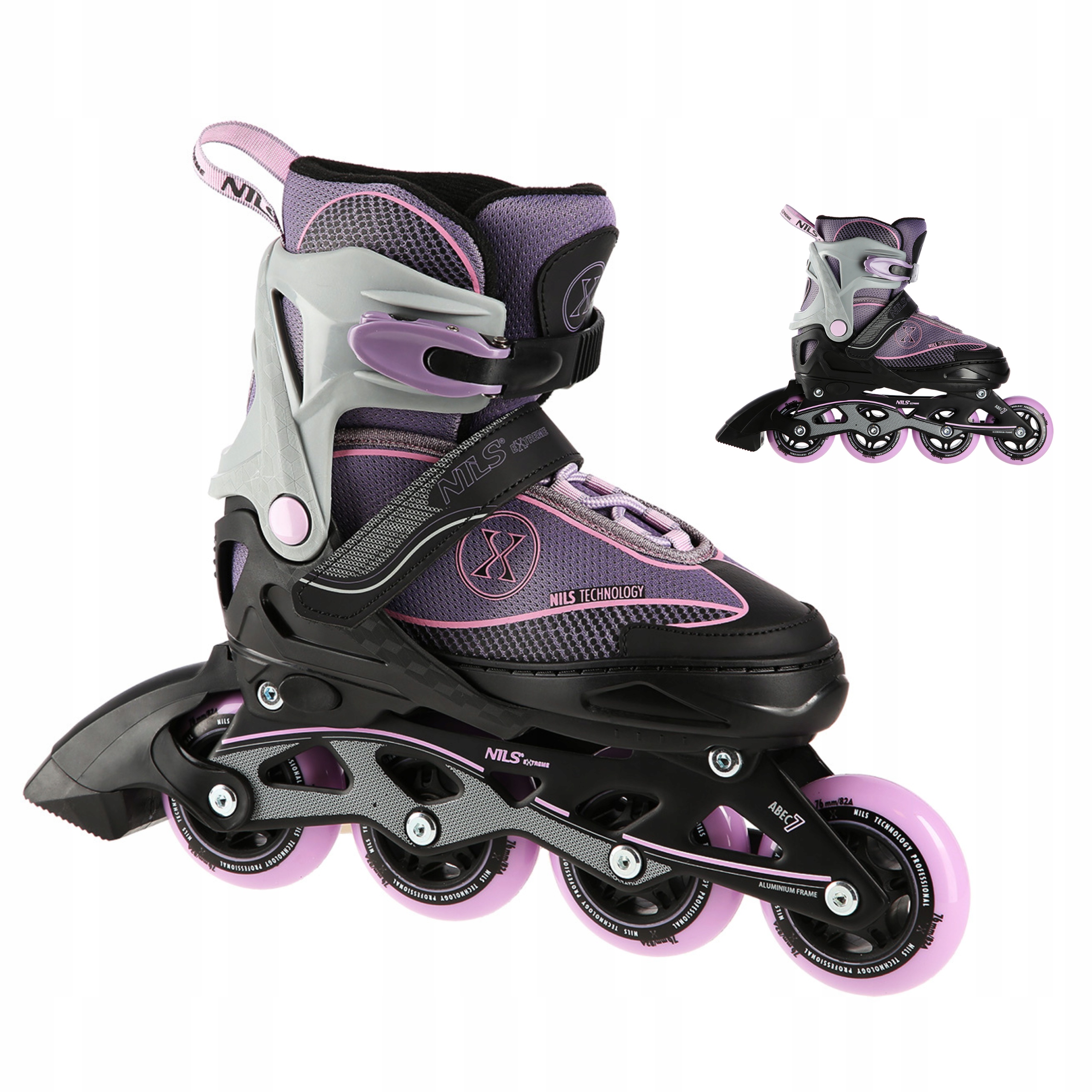 Kolečkové Brusle Fitness Brusle 2v1 Nastavitelné Šedo-fialové Vel 35-38 Nils Extreme