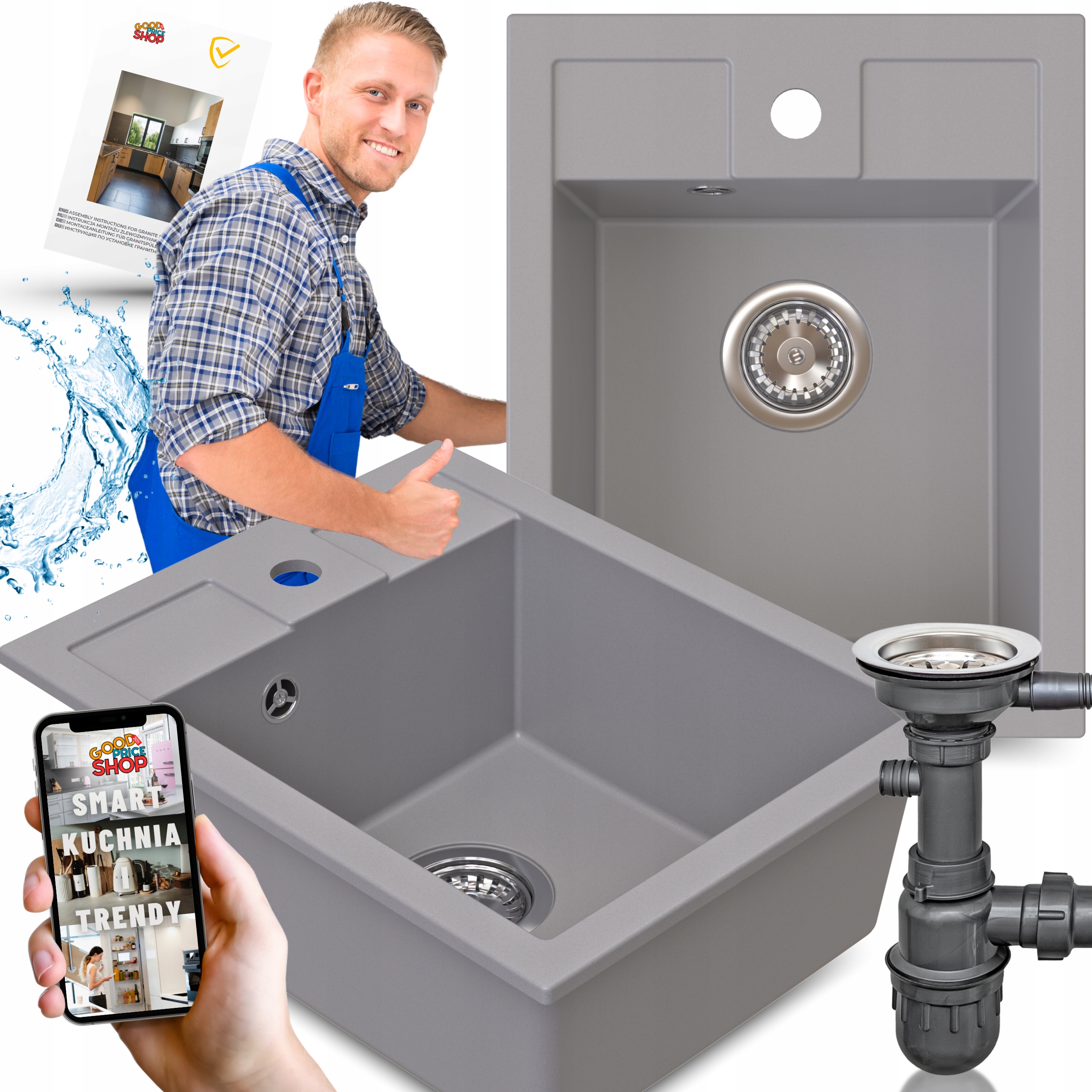 dřez granitový Jednokomorový šedý Kuchyňský Sifon Do Dřezu