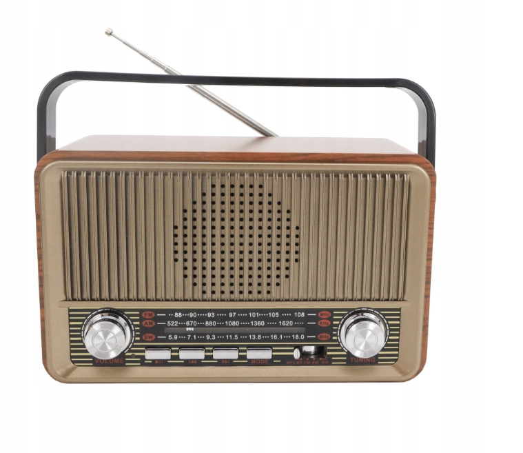 MK-622 Przenośne drewniane Radio Retro Bluetooth FM AM akumulator USB pilot Głębokość produktu 30 cm