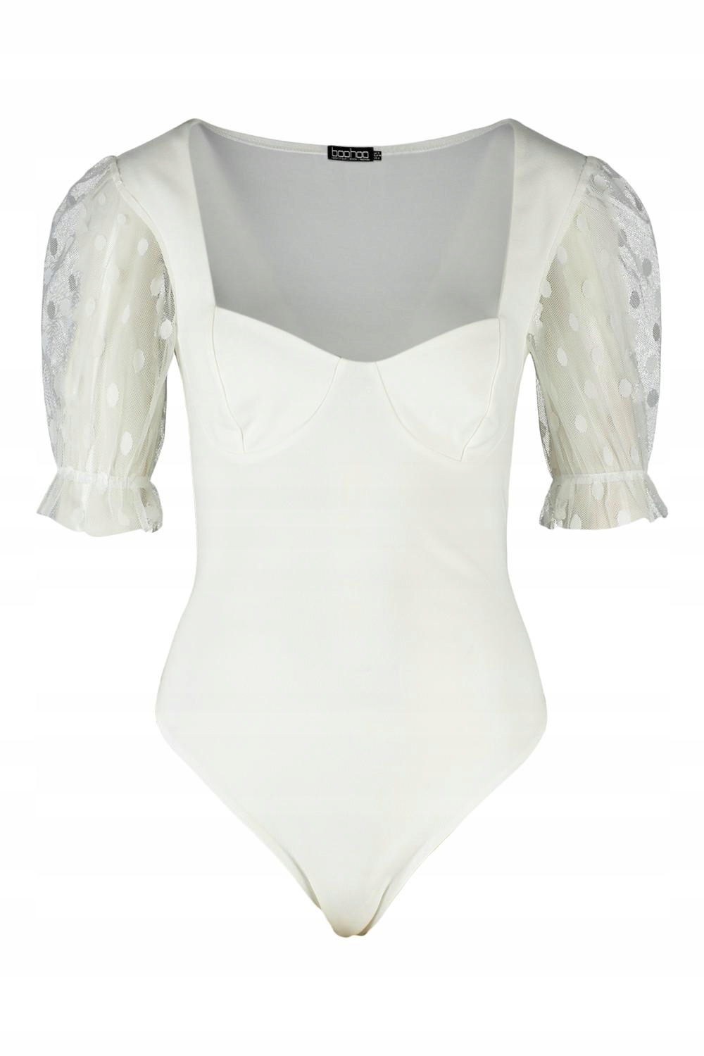 BIAŁE BODY ELEGANCKIE BUFKI SIATECZKA WZÓR GROCHY KLASYCZNE BOOHOO 34 Rozmiar XS (34)