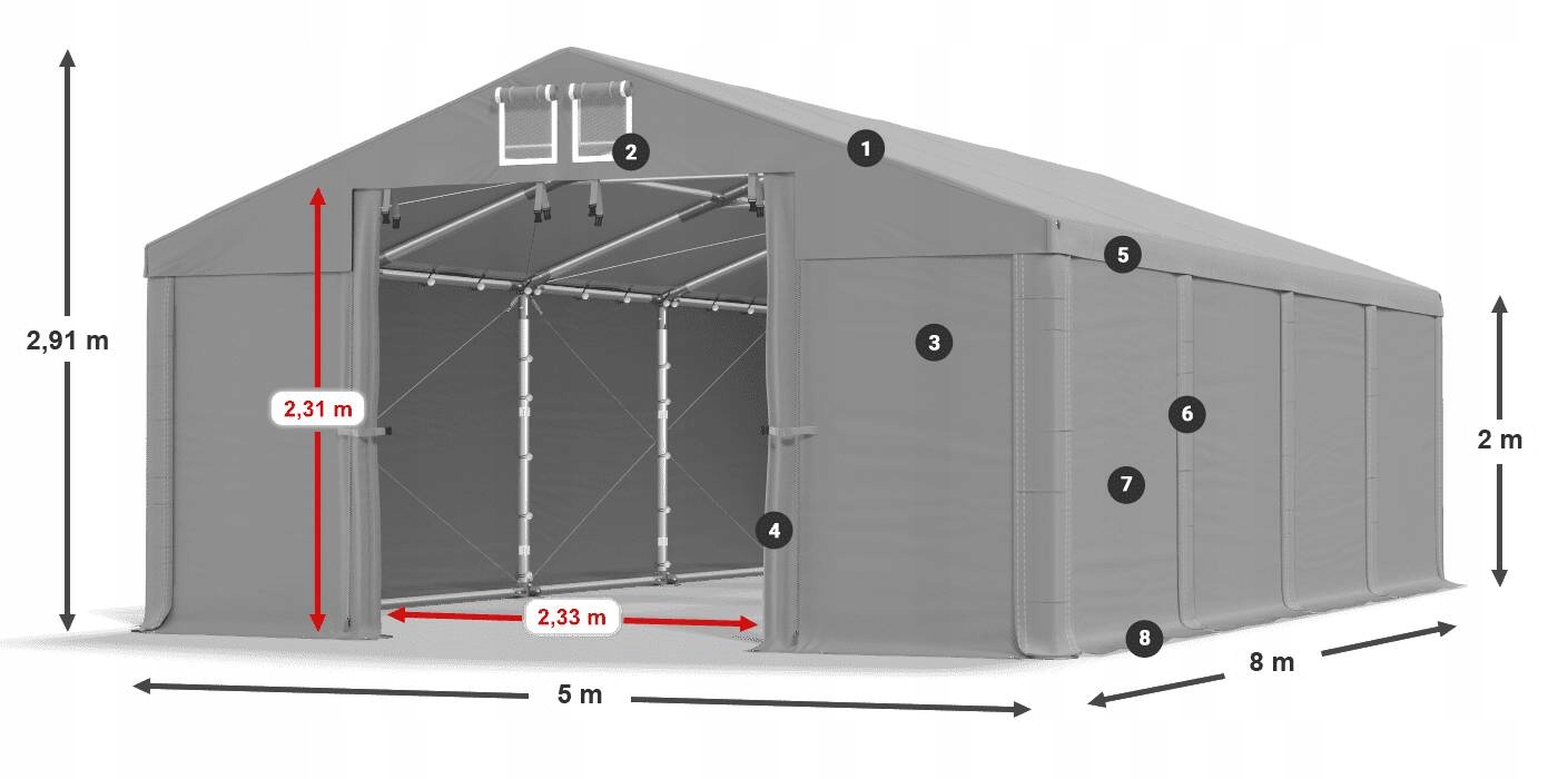 Namiot Przemysłowy 5x8m Pawilon DAS 560 WP Szerokość 5 m