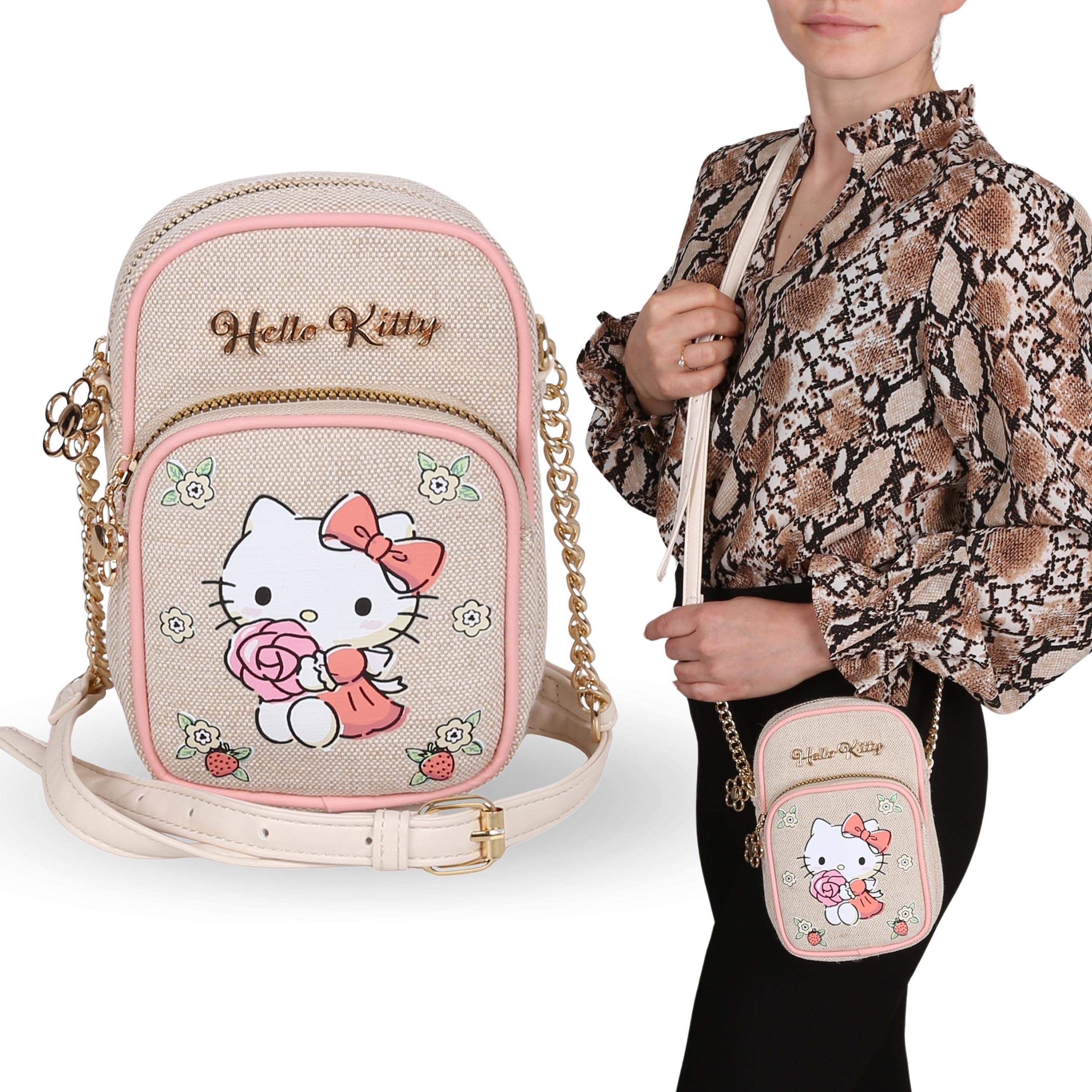 Hello Kitty Lniana saszetka, mała torebka z regulowanym paskiem Młodzieżowa