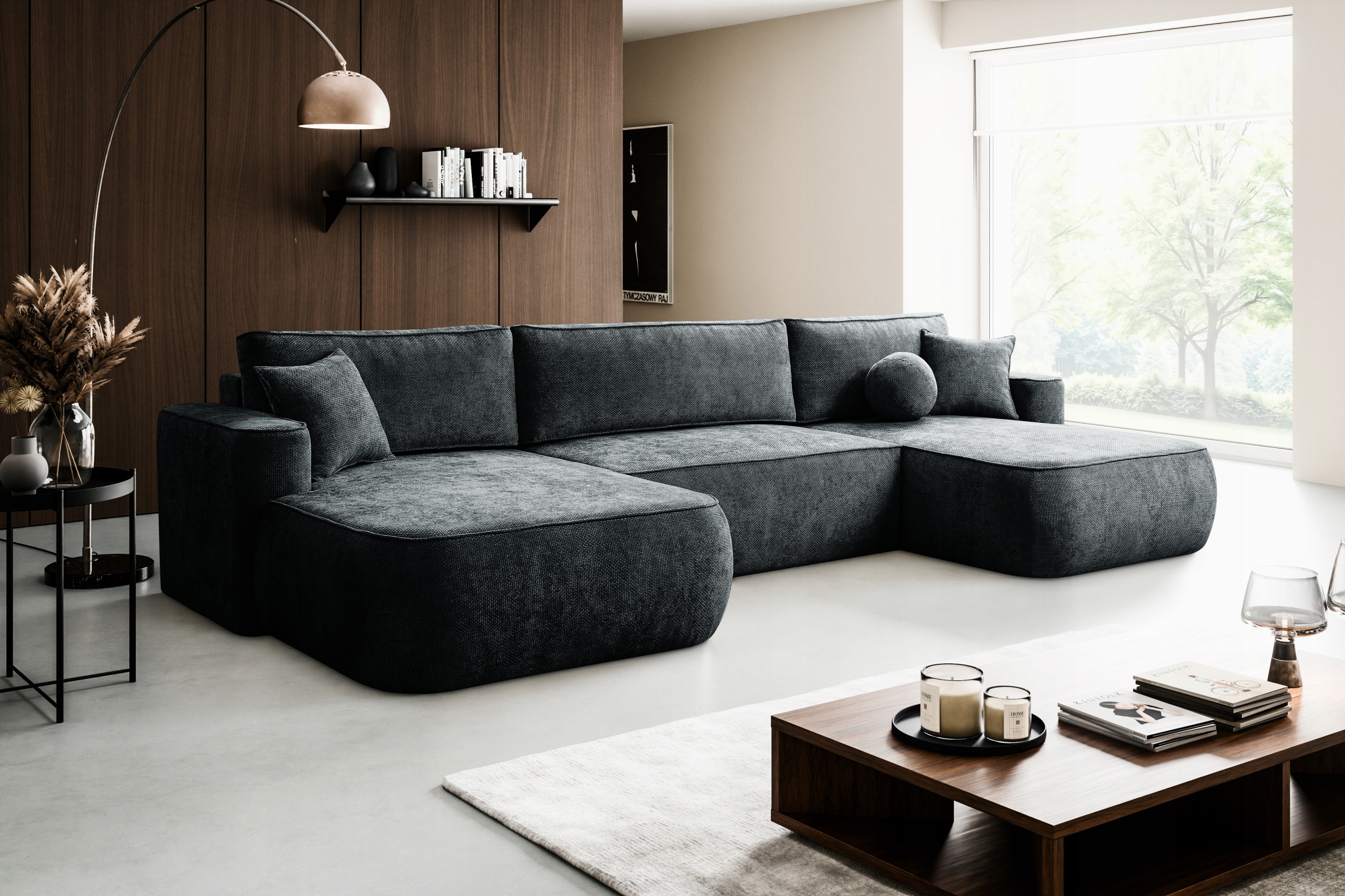 Rohová Sedací Souprava Mono U funkce spaní nádoba Flow tmavě modrá