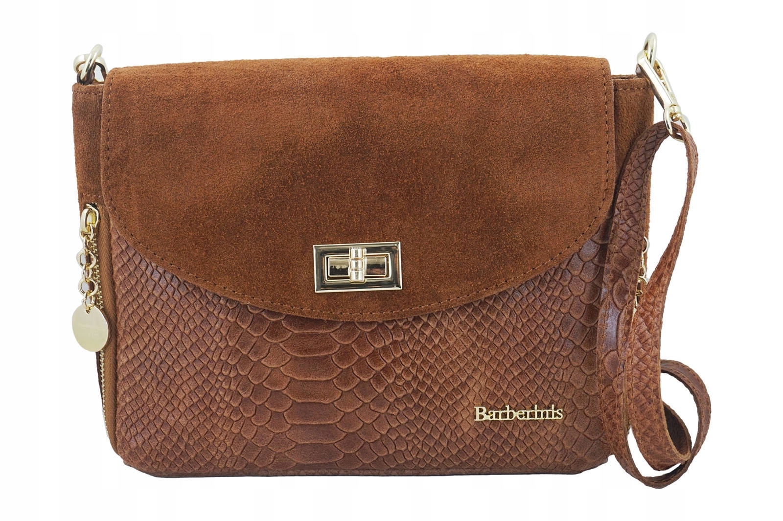 Dámská kabelka přes rameno kožená, zlaté ozdoby croco hnědá