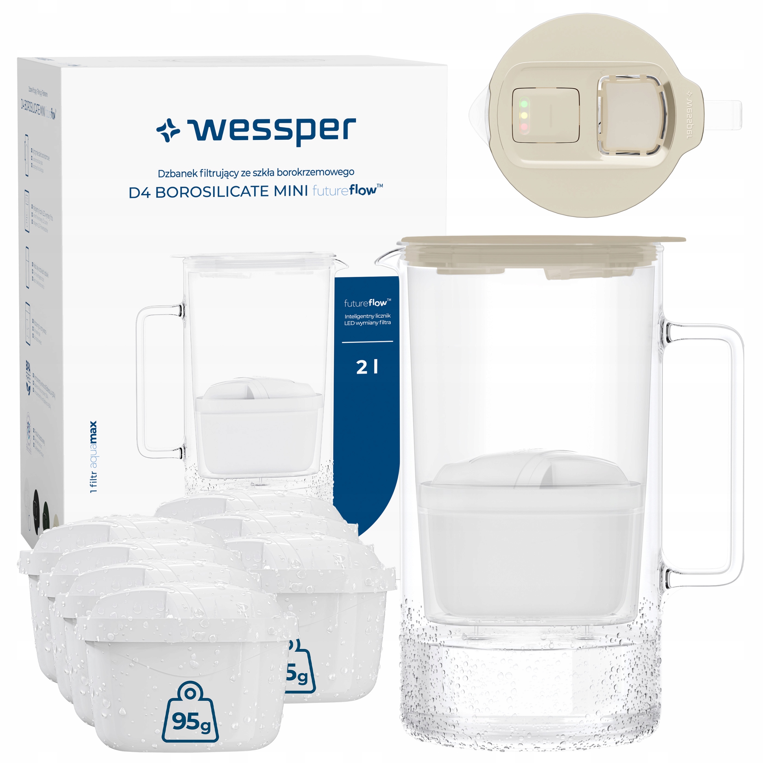 Filtrační konvice skleněná Wessper D4 Borosilicate Mini Ff 2 l 8x filtr