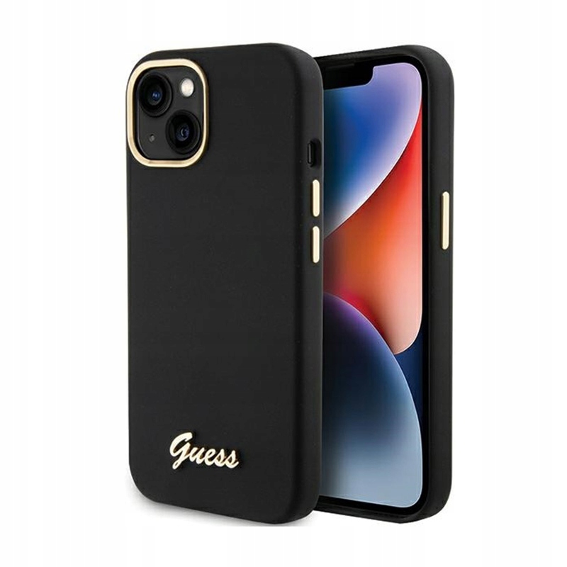 Guess Silicone Script Metal Logo & Frame – Pouzdro pro iPhone 15 (černé)