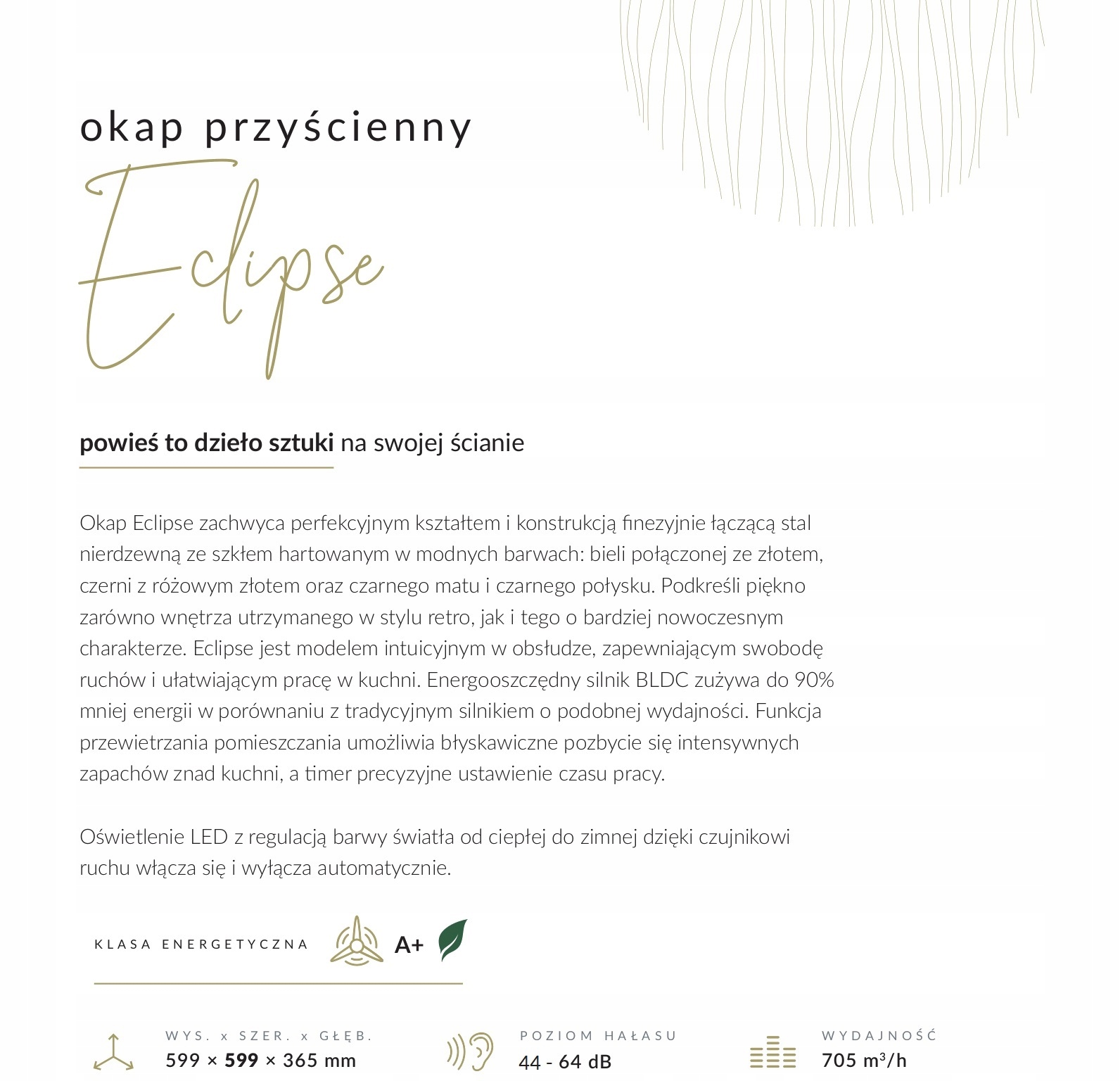 OKAP PRZYŚCIENNY CIARKO DESIGN ECLIPSE CZ/R.ZŁOTO Szerokość produktu 59.9 cm