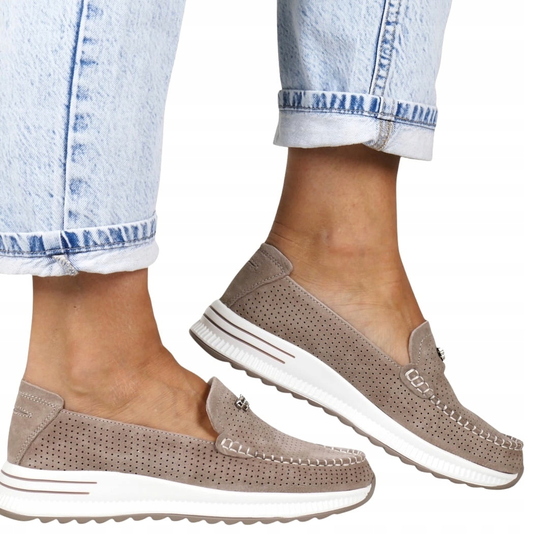 iButy Mokasíny Dámské Kožené Polobotky Nazouvací Pohodlné Béžové Hnědé Ažurové