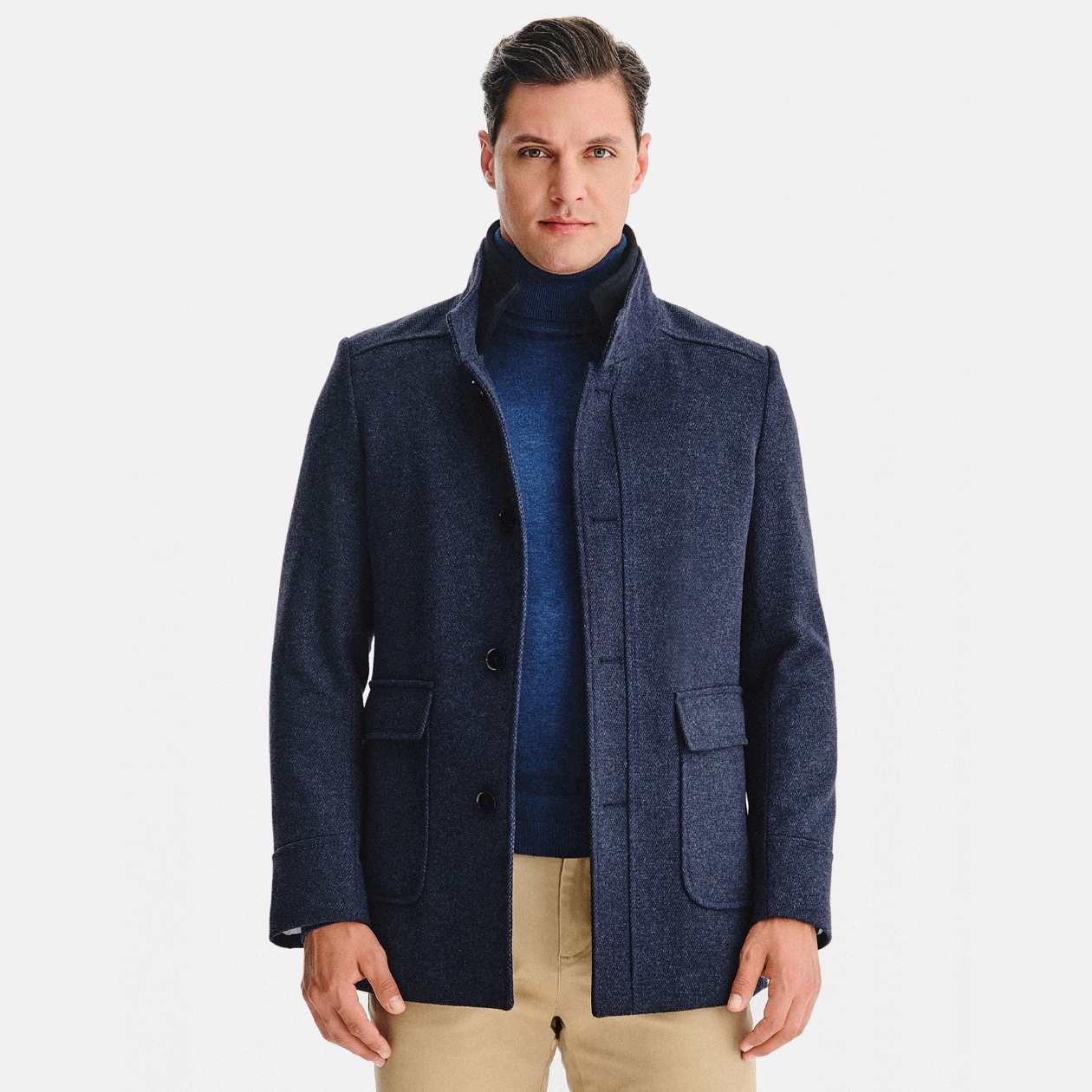 Pánský tmavě modrý melanžový kabát s knoflíky Pako Lorente vel 56