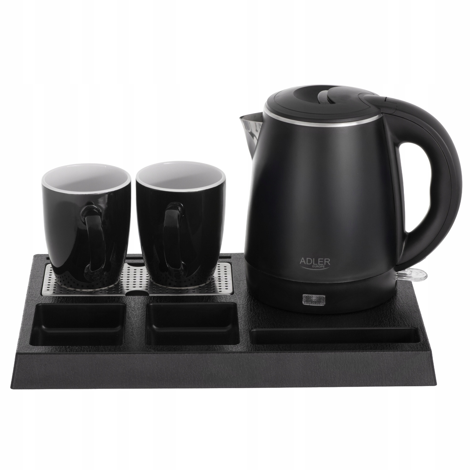 Hotelová Elektrická Konvice 1 L, Sada 2 Šálků, Podnos Adler, Černá