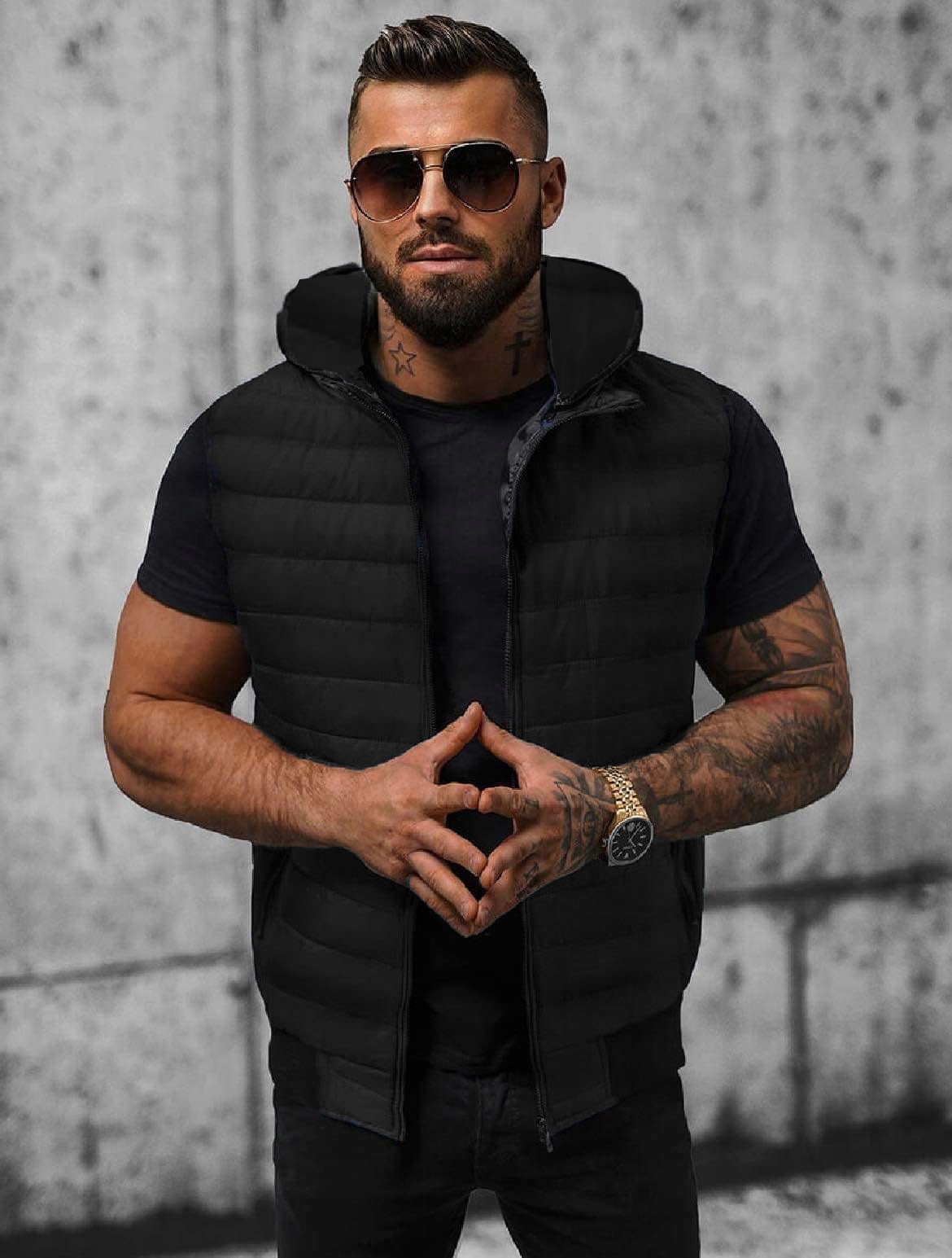 KAMIZELKA MĘSKA BEZRĘKAWNIK CZARNA PIKOWANA KAPTUR LEKKA WIOSENNA roz.L Kolekcja Wiosna 2023