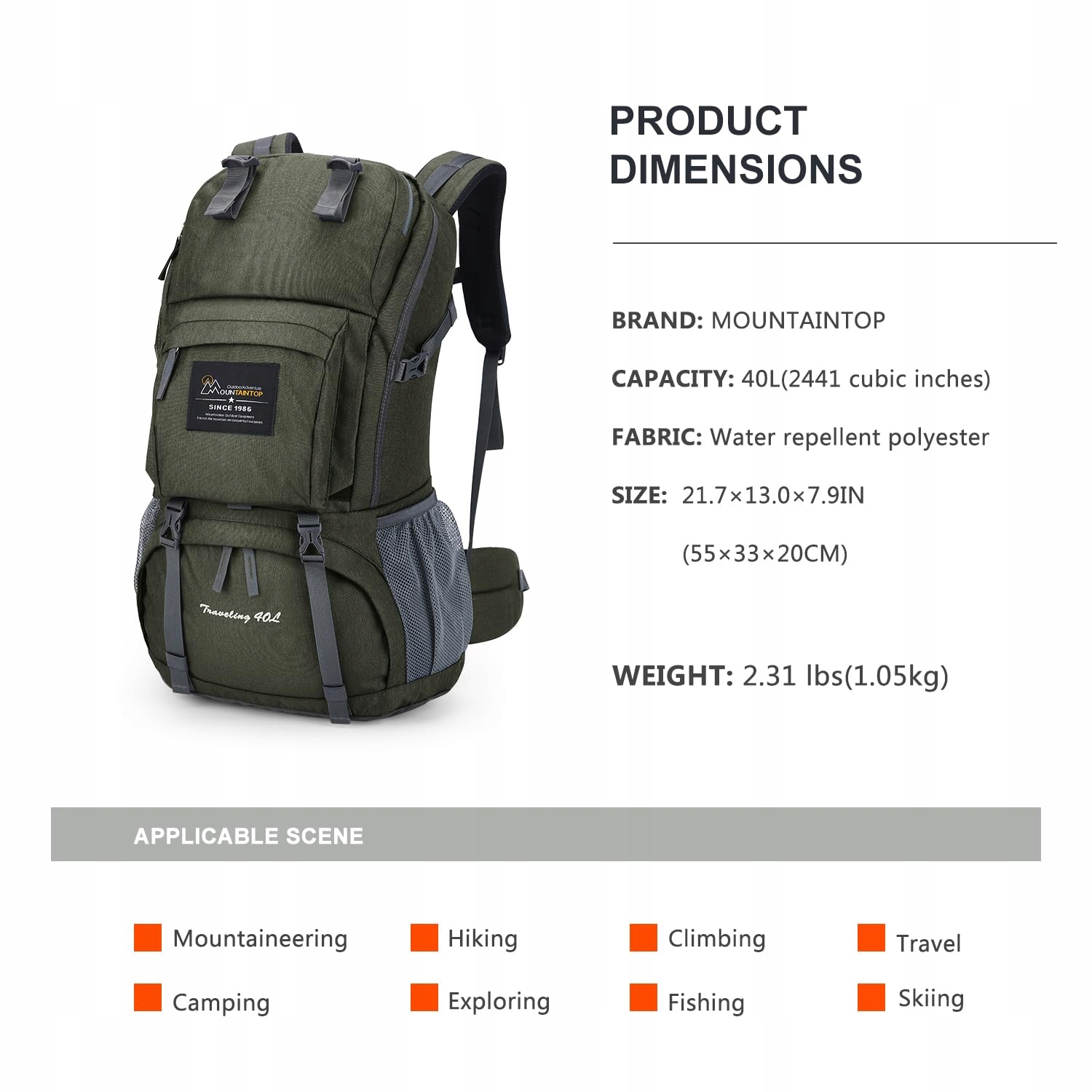 MOUNTAINTOP Plecak Trekkingowy 40L Dla Mężczyzn i Kobiet — miniatura 2