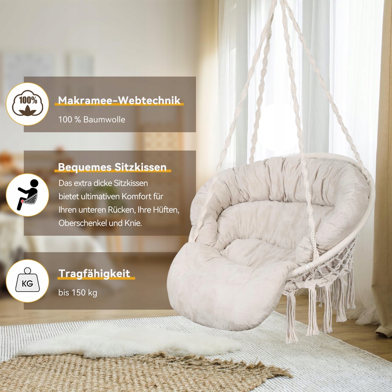 BATHONLY Fotel Wiszący Makrama z Poduszką Boho Bawełna do 150kg Beżowy — miniatura 3