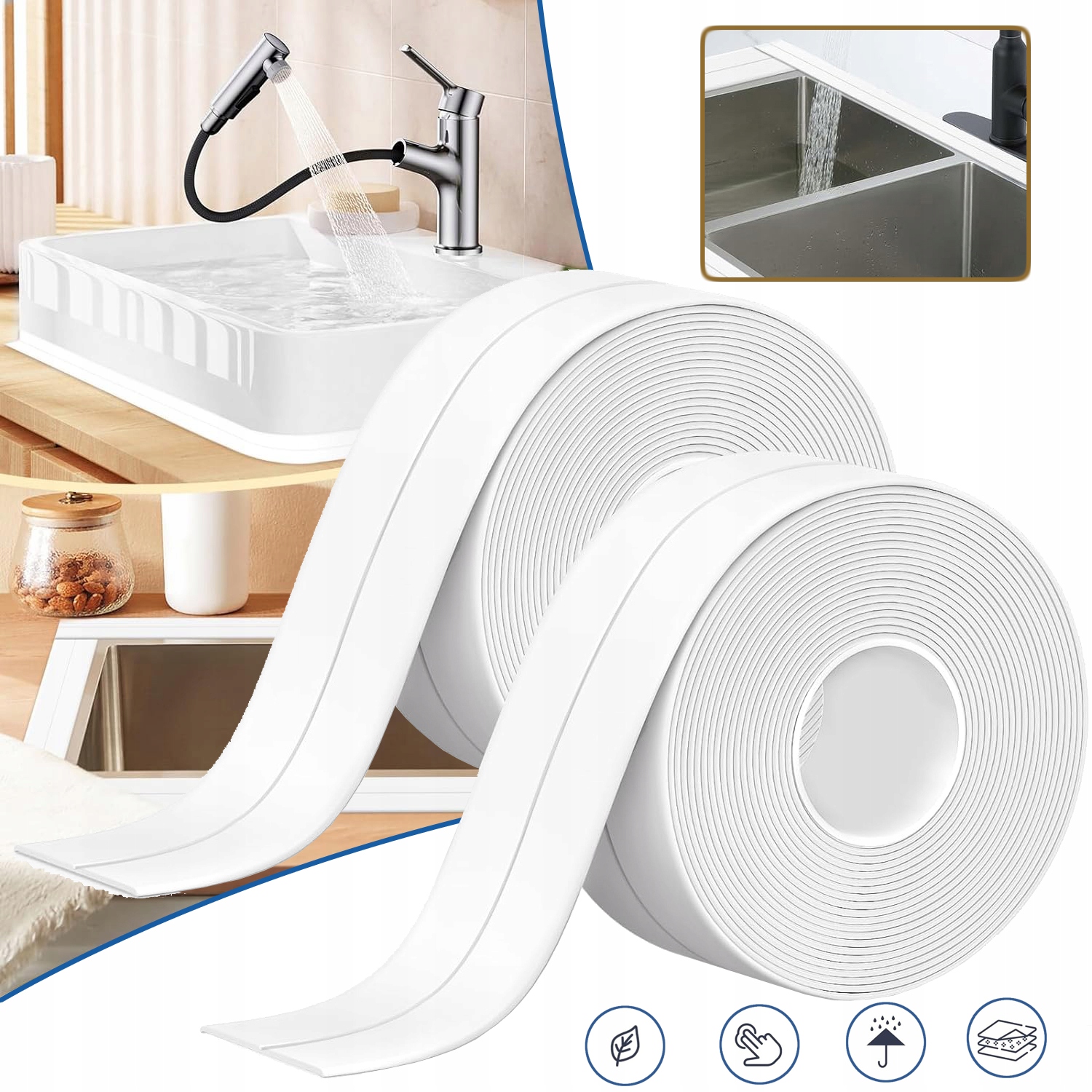 2 ROLKI TAŚMY USZCZELNIAJĄCEJ DO KĄPIELI, SAMOPRZYLEPNA, WODOODPORNA, WANNY