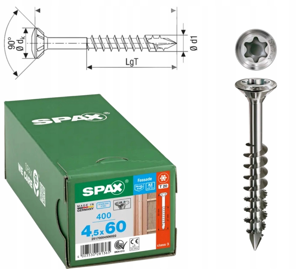 Skrutka do fasádnej dosky, ušľachtilá oceľ A2 4,5 x 60 mm, 400 ks