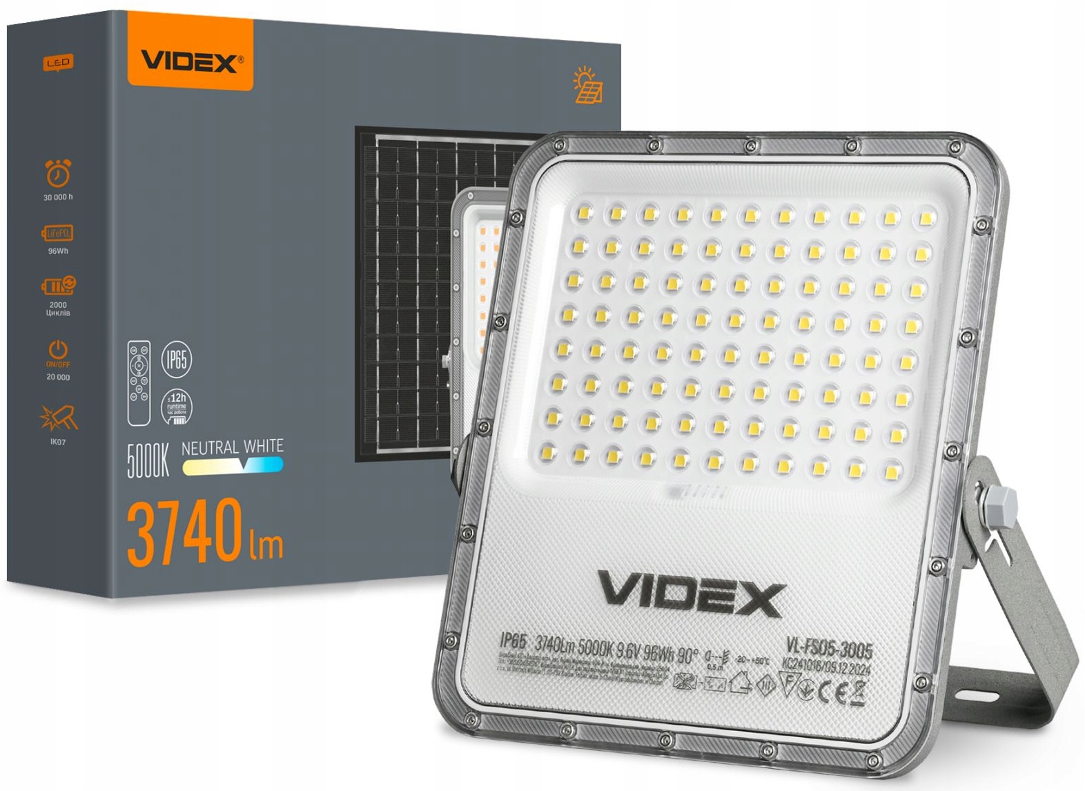 Venkovní halogenová Led lampa 3740Lm Videx solární panel