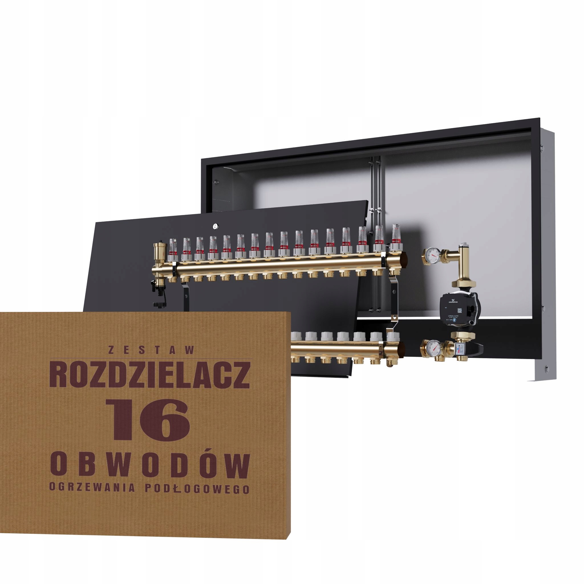 Rozdělovač pro podlahu 16 okruhů se skupinou Grundfos podomítkový černý