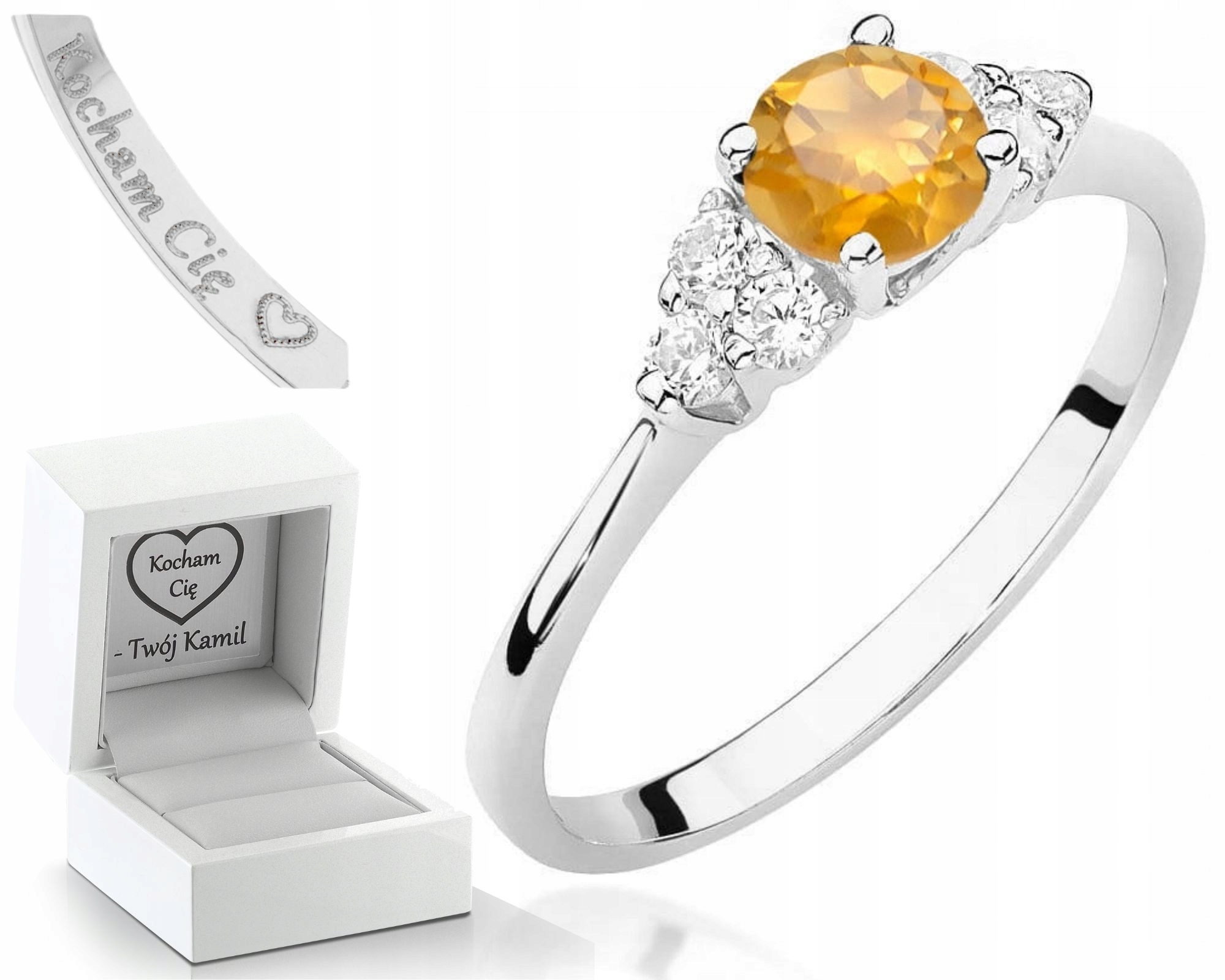 Zásnubní Prstýnek S Citronem A Brilianty, Bílé Zlato, Gravírování 585