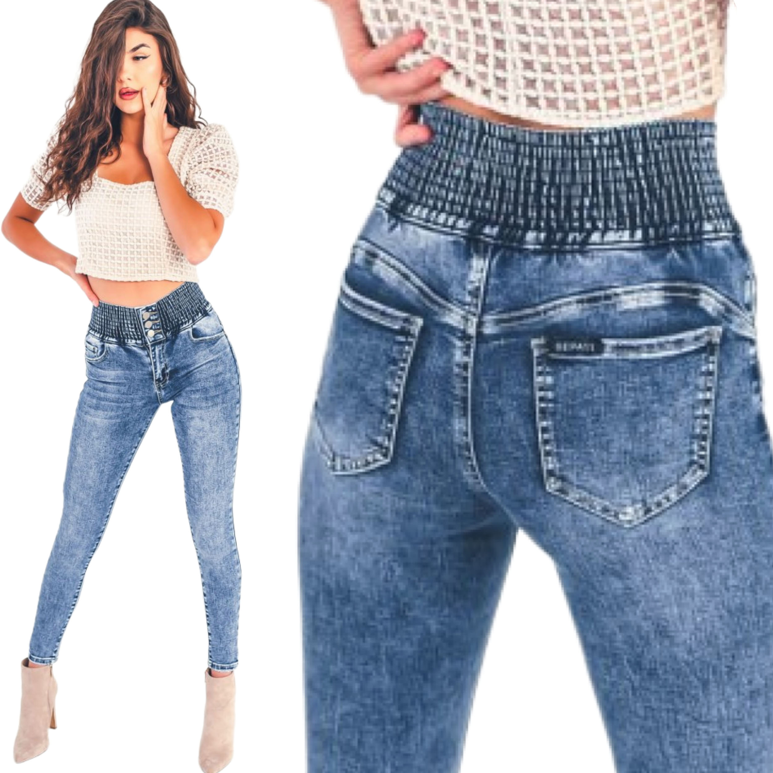Dámské džínové kalhoty push up elastické skinny úzké nohavice guma v pase L
