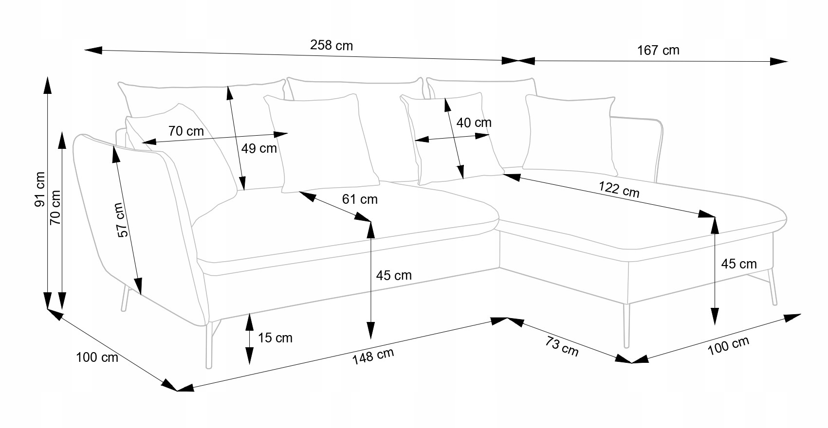 Narożnik Merle w stylu glamur Głębokość mebla 167 cm