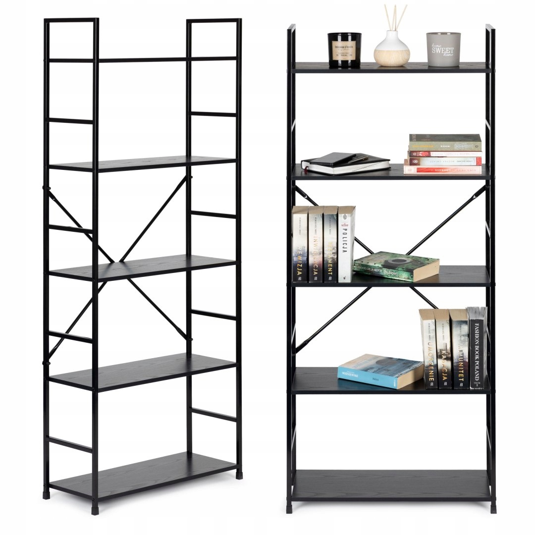 Dřevěný regál široký moderní Loft 5 polic černý ModernHome ModernHom
