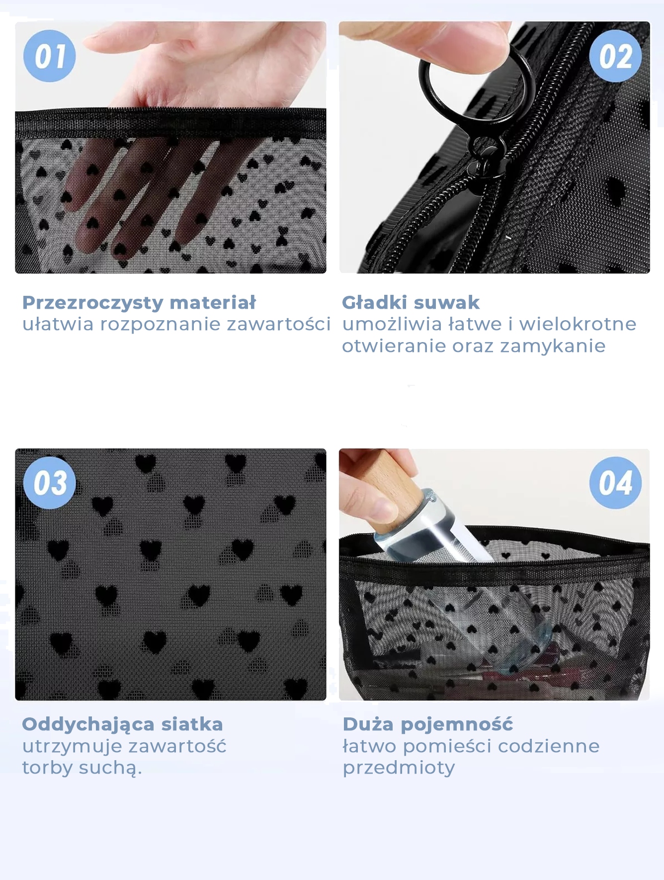 KOSMETYCZKA KUFEREK W SERDUSZKA NA ZAMEK SIATECZKOWA CZARNA MINI TRAPEZ Model BLACK HEART