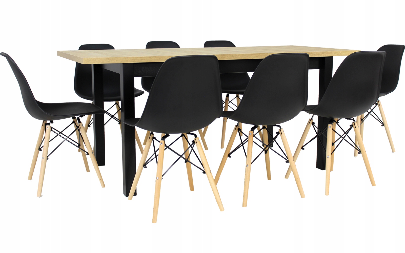 Duży Skandynawski zestaw stół + 8 czarnych krzeseł