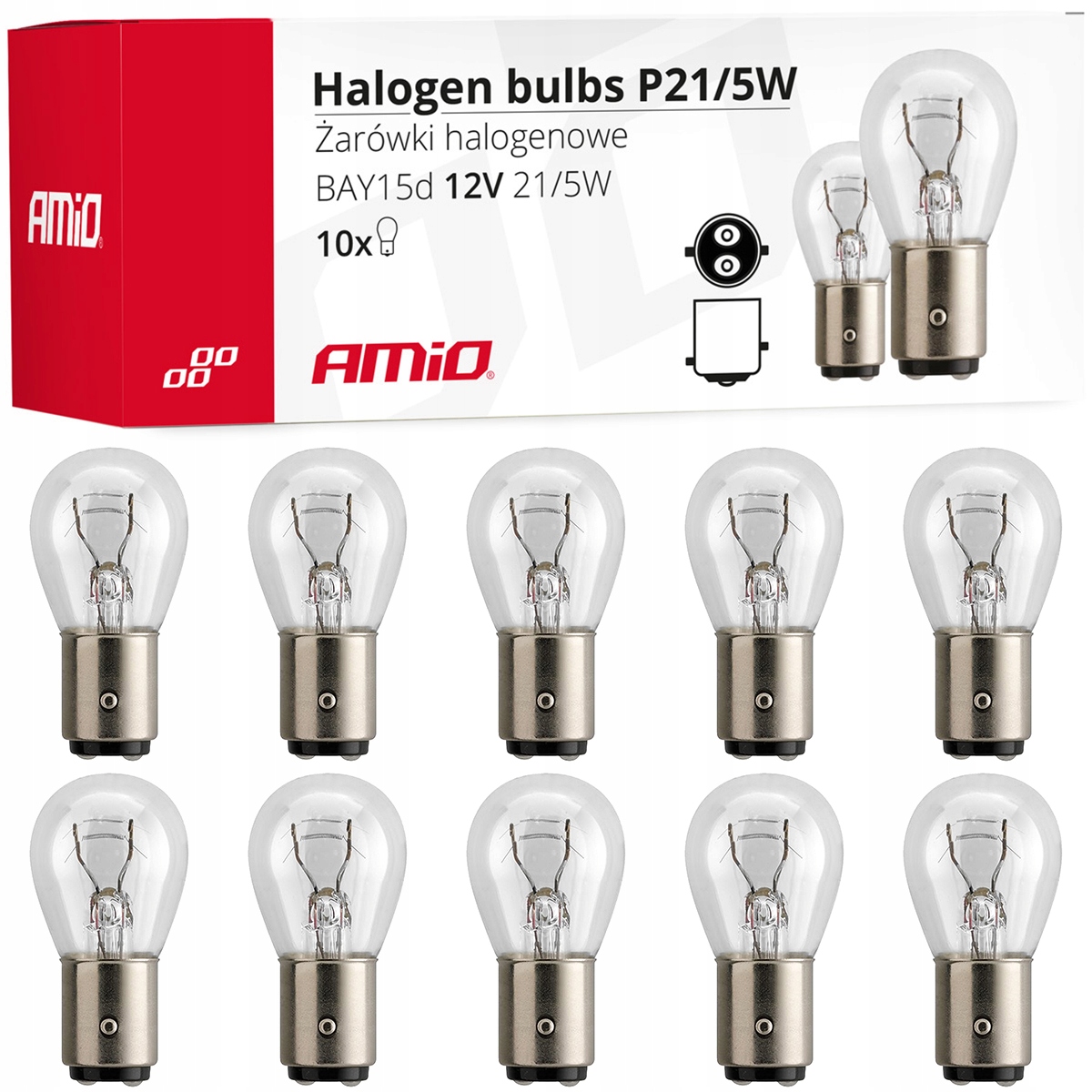 Żarówki P21/5W AMiO Dwuwłóknowe 12V BAY15d 10SZT/KPL Dzienne Pozycja Stop