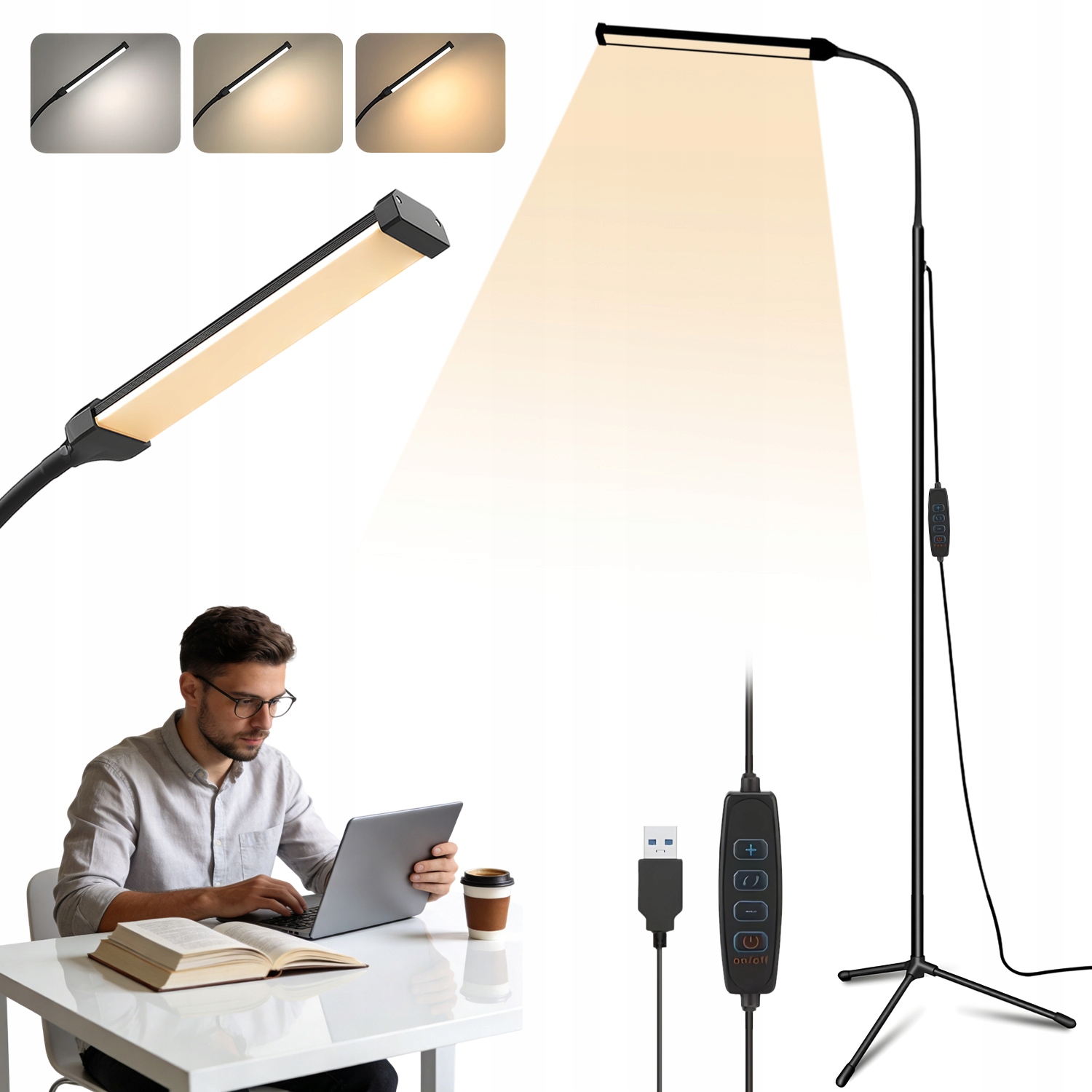 Stmívatelná Led podlahová lampa do obývacího pokoje, stojací lampa s ohebným krkem