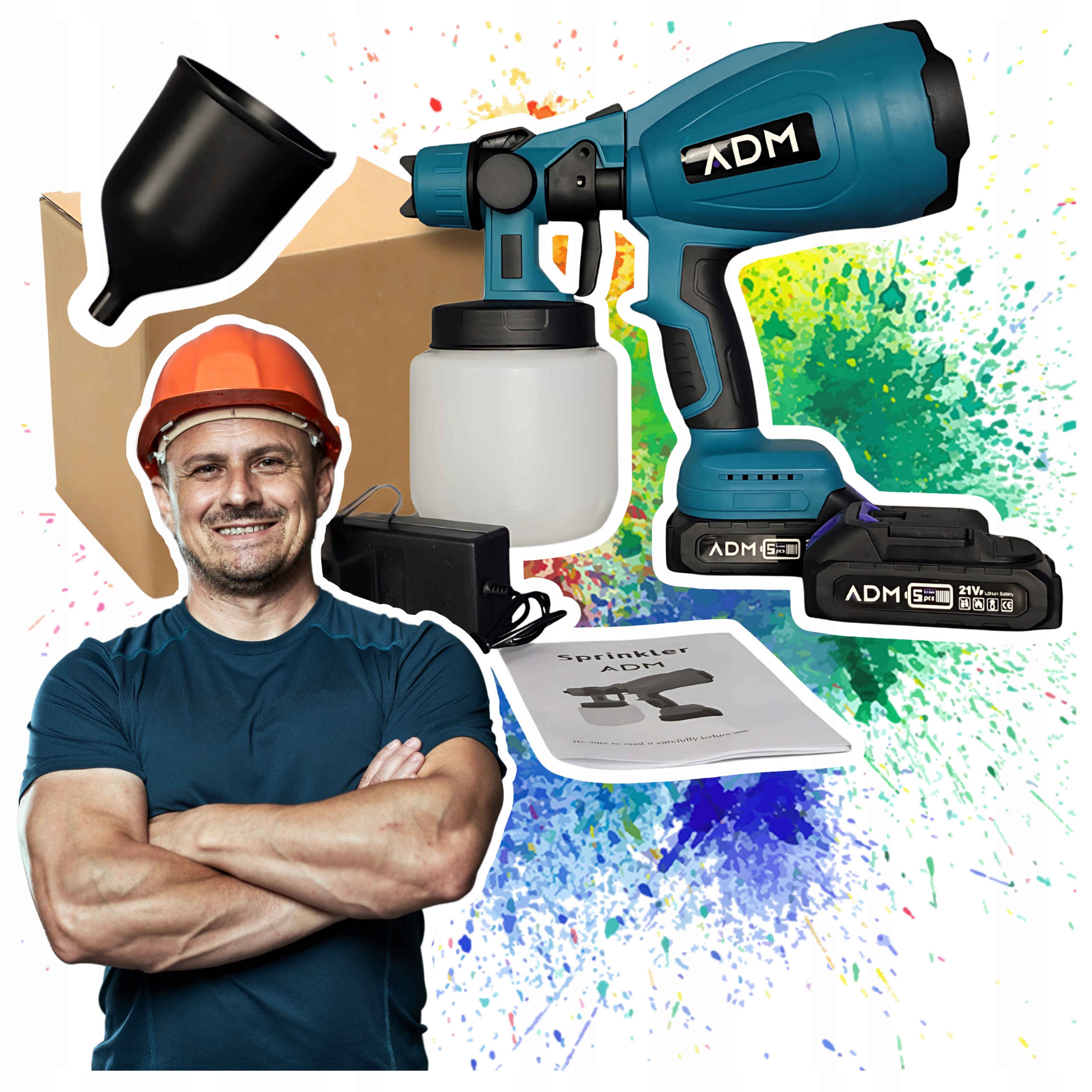 Pistole na malování Adm 21V s 2 akumulátory Bezdrátová 800 ml