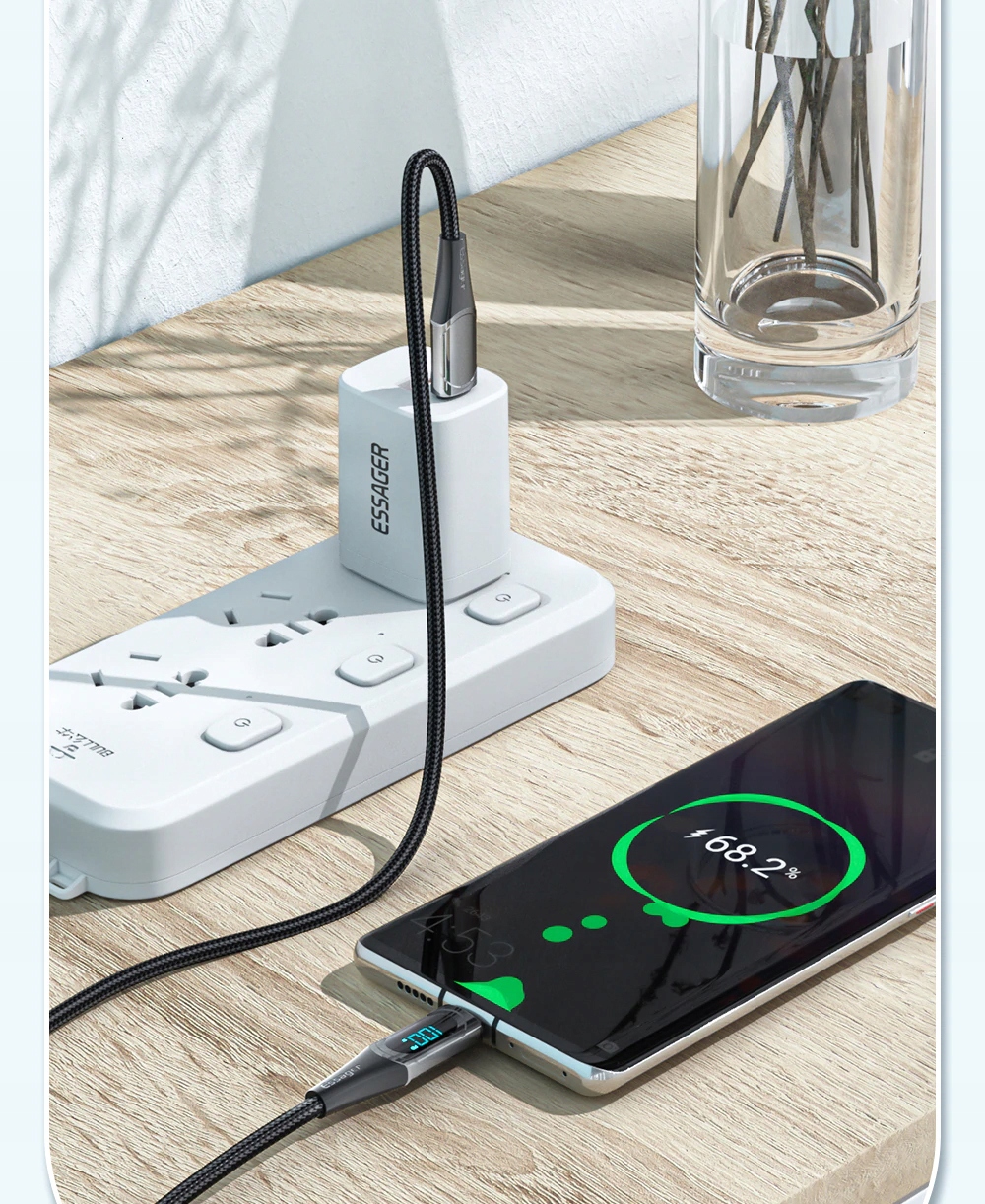 KABEL USB-C OLED ESSAGER PD 100W do MACBOOK XIAOMI Kolor czarny