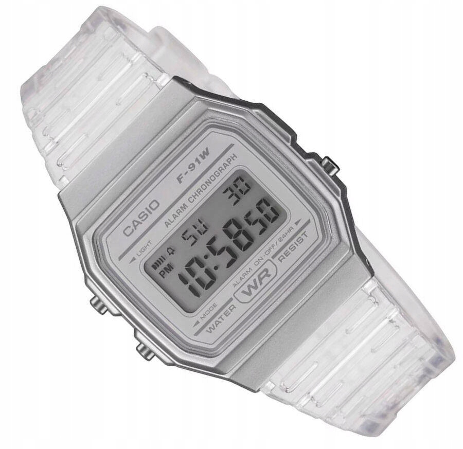 Dámské Stříbrné Transparentní Hodinky Casio F-91WS -7E Vintage Retro Styl