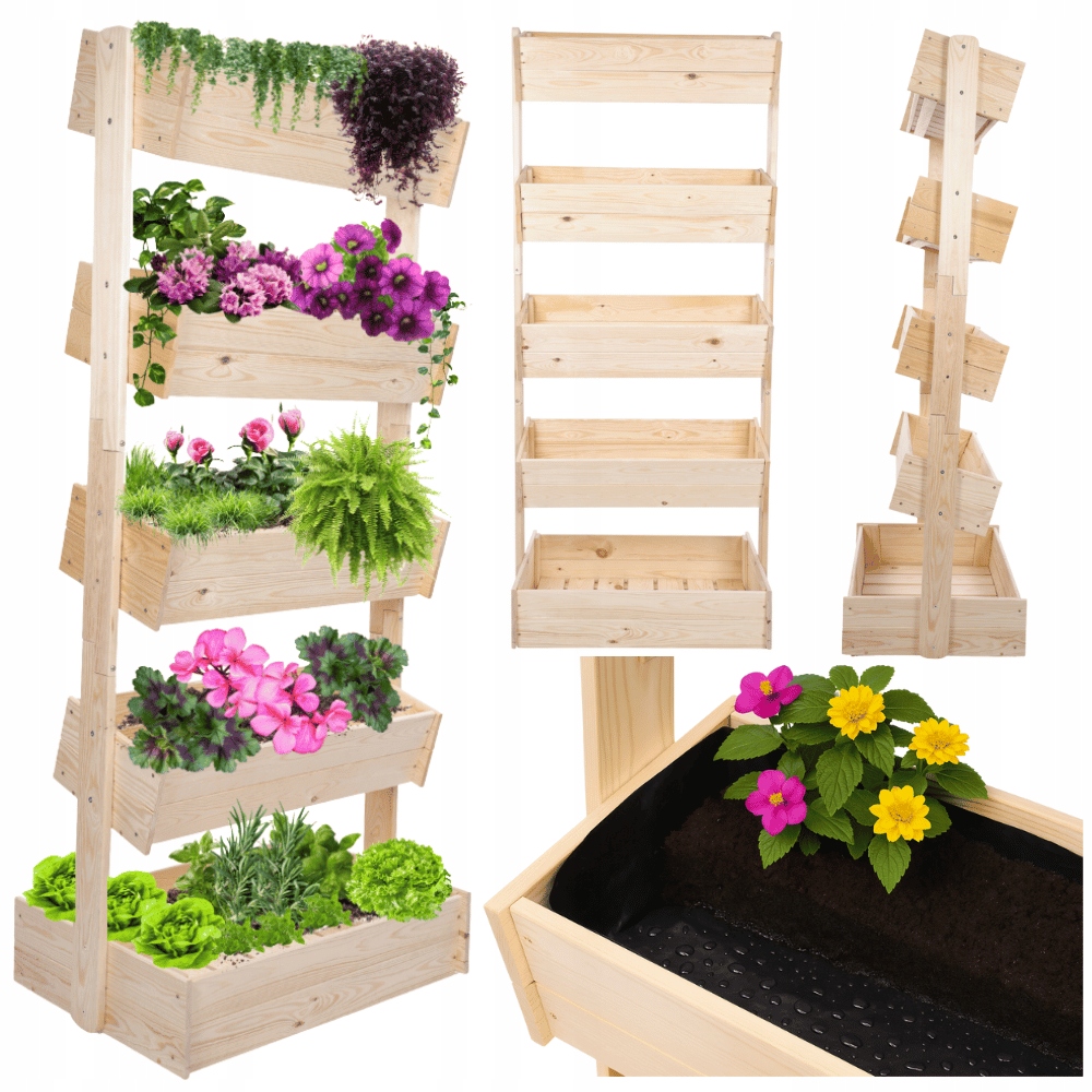 Drevený regál na kvety 187 cm, 5 políc, prírodná balkónová farba Eco