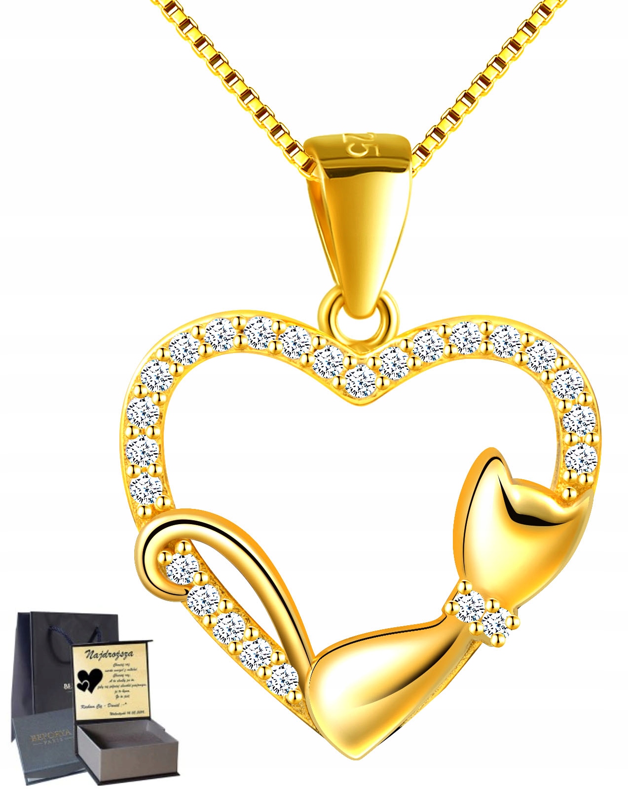 

Serce Kotek Złoty Naszyjnik Prezent Srebro 925