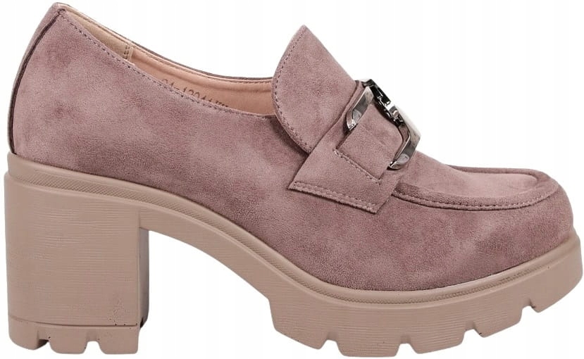 PÓŁBUTY NA SŁUPKU BUTY DAMSKIE MOKASYNY Z OZODOBĄ NA OBCASIE KHAKI POTOCKI