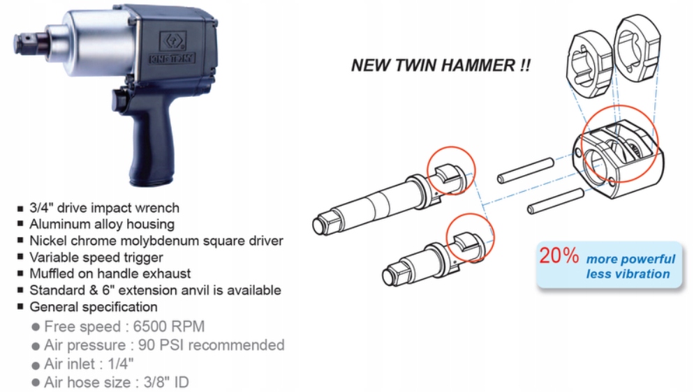KLUCZ UDAROWY 3/4" PNEUMATYCZNY STANDARDOWY TRZPIEŃ 1085Nm Zasilanie pneumatyczne