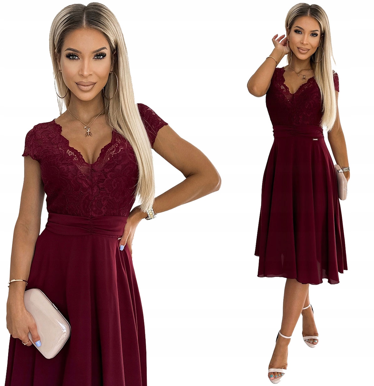 Exkluzivní Šaty S Krátkým Rukávem, Krajkový Výstřih Bordó L