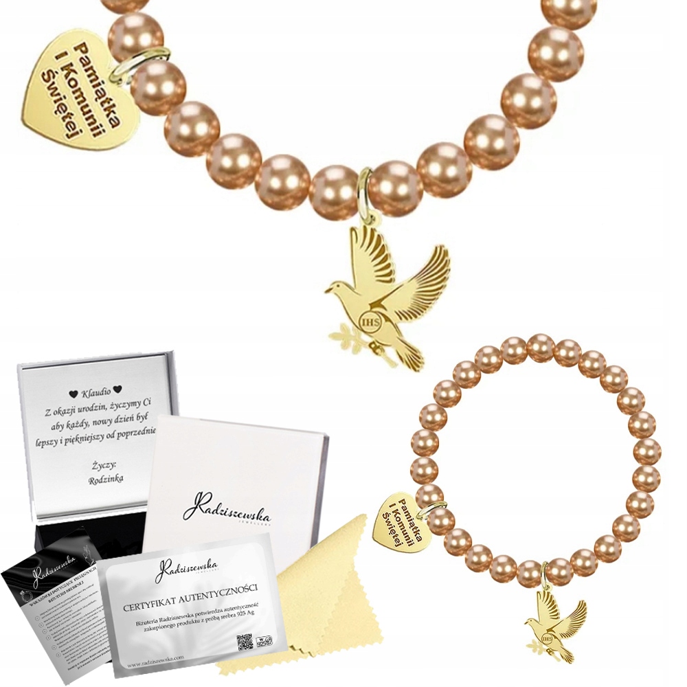 Náramek Zlatý Perlový S Holubím Srdcem Ihs Svaté Přijímání Dárek Gravírování