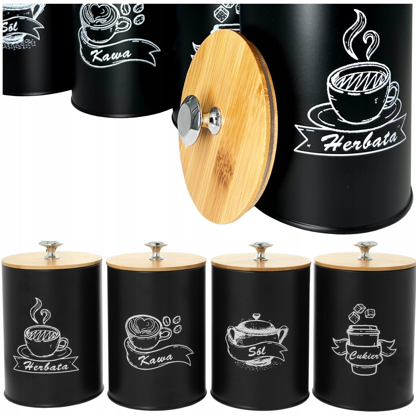 ZESTAW POJEMNIKÓW KOMPLET KAWA HERBATA CUKIER SÓL