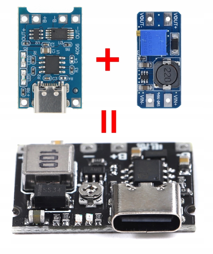 Moduł 2w1 TP4056 + MT3608 Ładowarka i przetwornica Step-Up 28V USB-C / 0116 Kod producenta TP4056-ADJ
