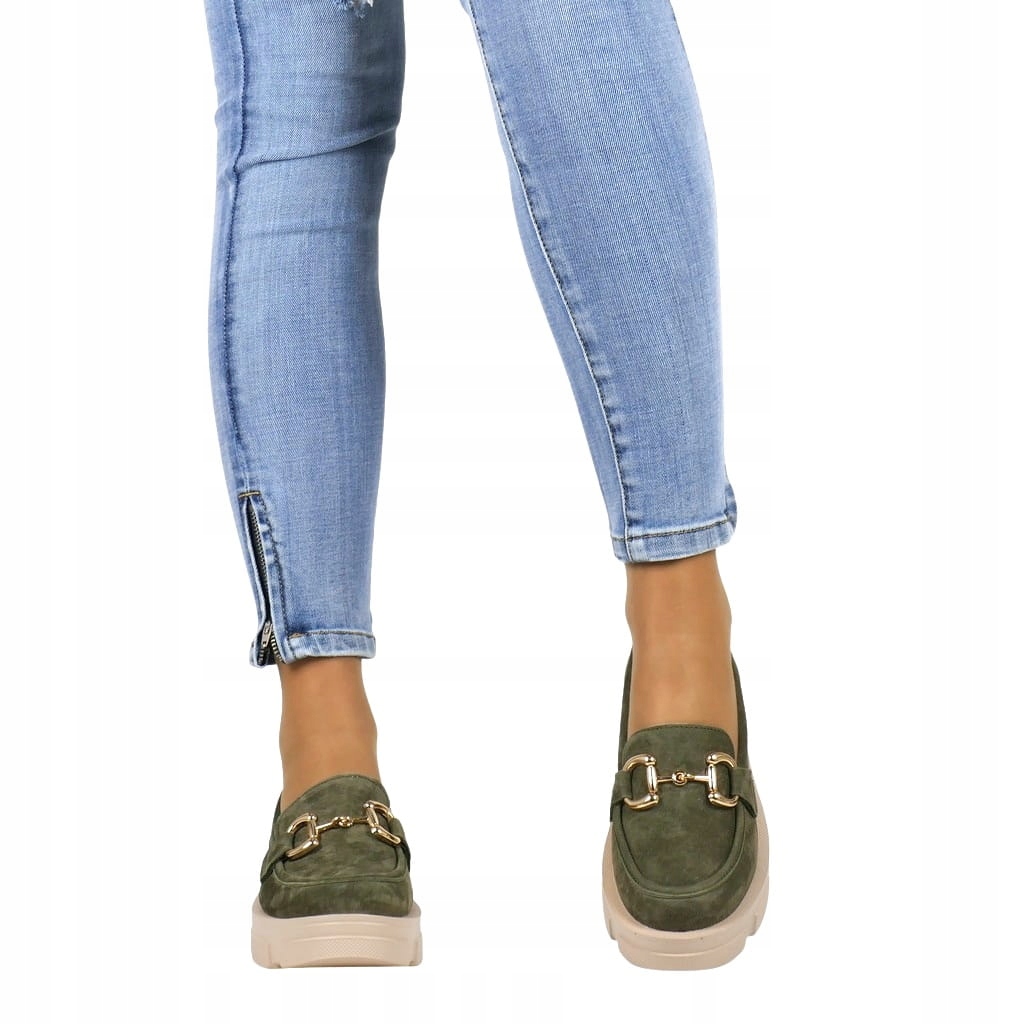 LOAFERSY KHAKI Z KLAMRĄ MOKASYNY NA PLATFORMIE SKÓRA GRUBA PODESZWA ZIELONE Długość wkładki 25 cm