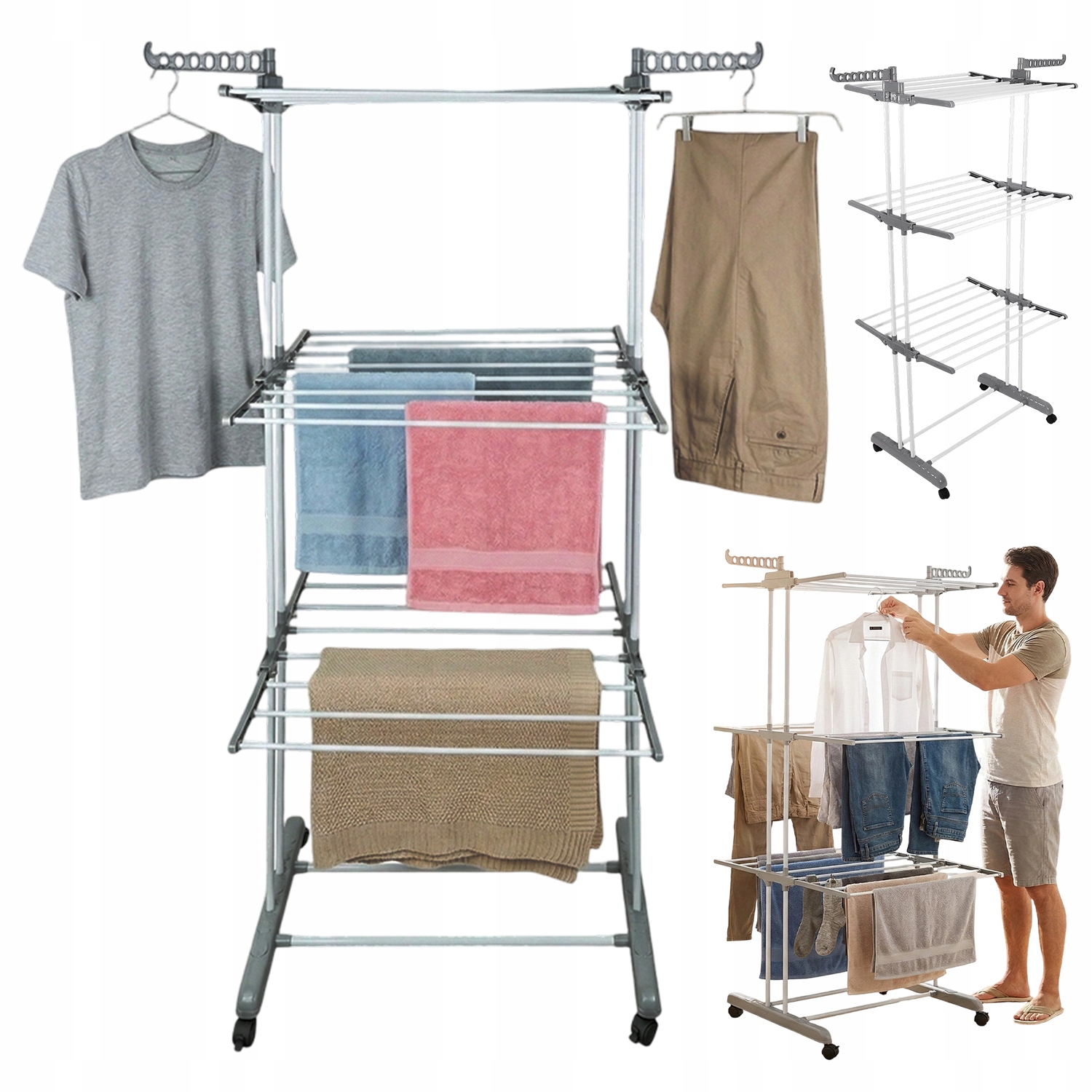 Levně Vertikální Sušák Na Prádlo S Věšáky A Žehlicími Prkny, Brzdová Kolečka