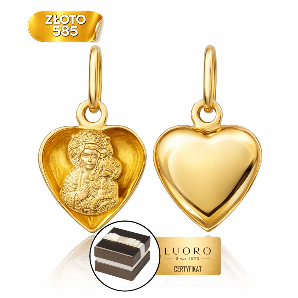 Zlatý Medailon 585 14K Panna Maria Čenstochovská V Srdci 1,7 CM Elegantní