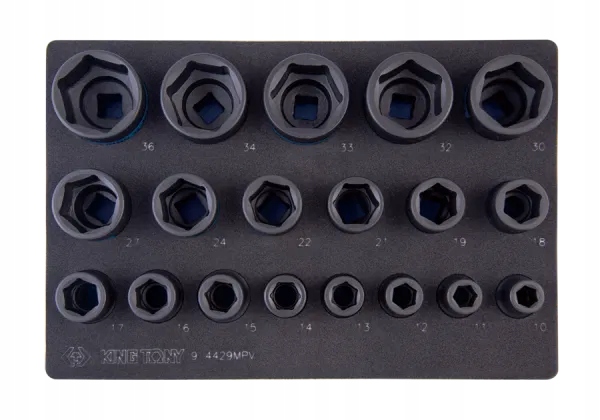 ZESTAW NASADEK UDAROWYCH 1/2" 19 cz. KRÓTKIE 6-KĄT, 10 - 36mm, WKŁAD Z PIAN