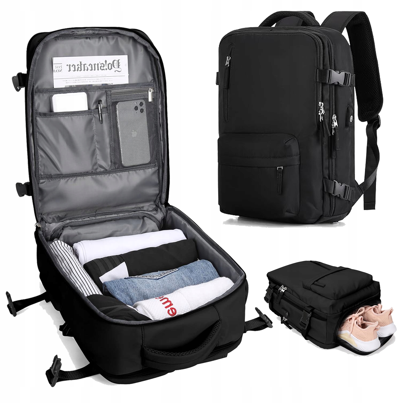 Batoh S Vysokou Kapacitou, Mnoha Přihrádkami A Nastavitelnou Přezkou, Černý