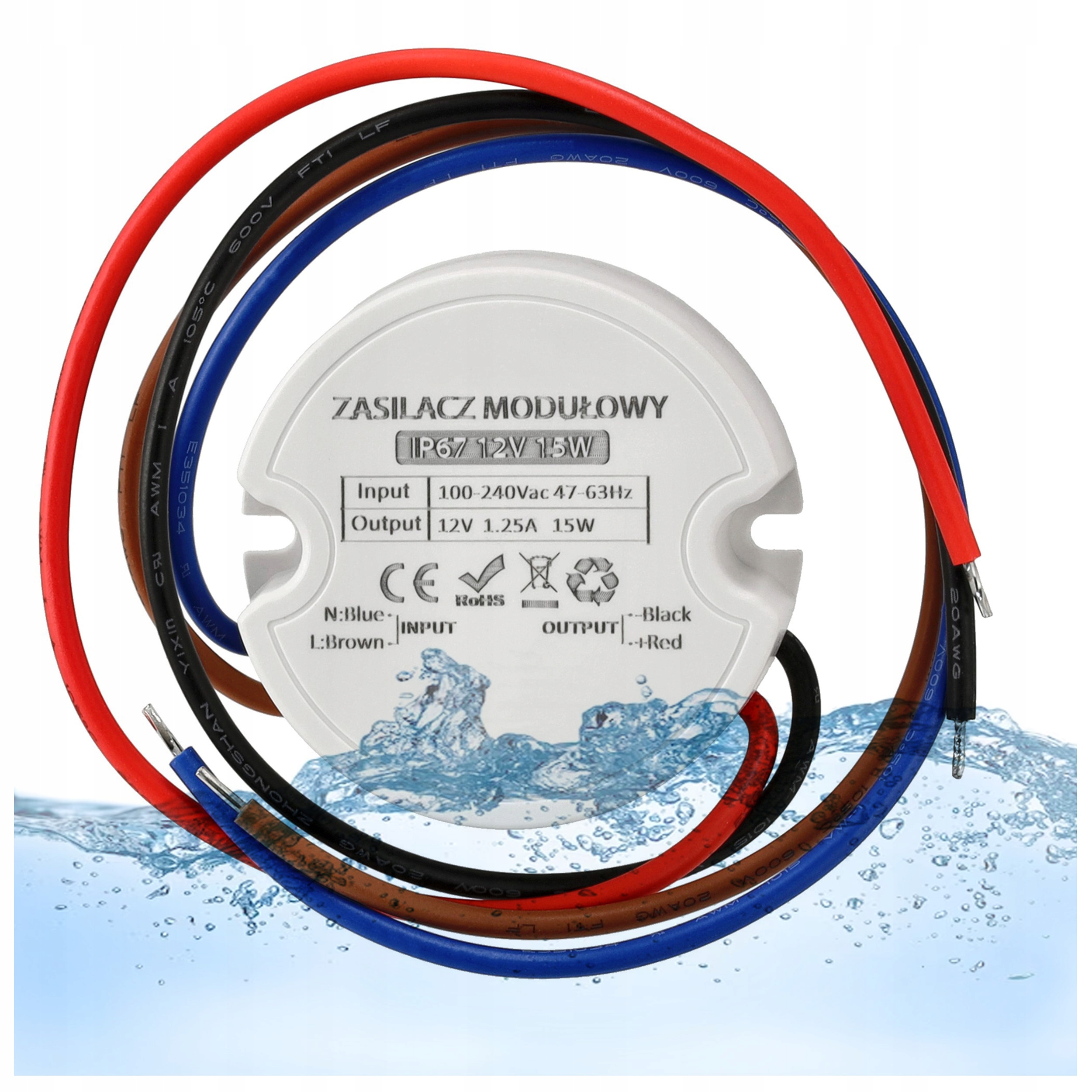 Zasilacz 12V IP67 Do Taśmy LED Dopuszkowy 1,25A 15W Do Puszki Transformator