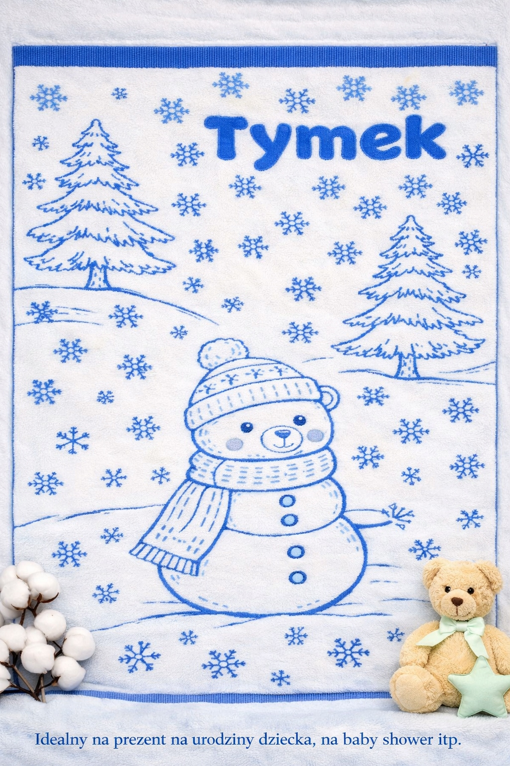 Kocyk niemowlęcy koc dziecięcy bawełniany z imieniem bałwanek do wózka